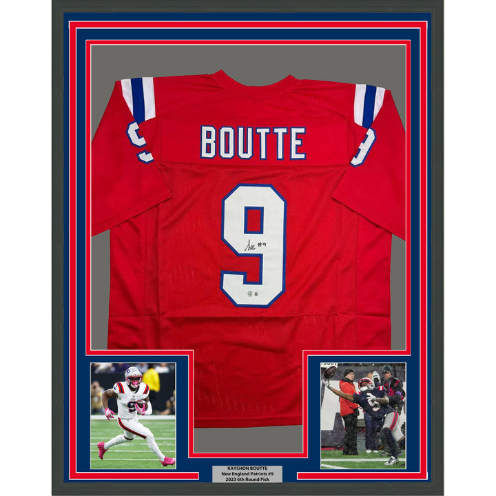 Framed Autographed/Signed Kayshon Boutte 35x39 New England Red Jersey BAS COA