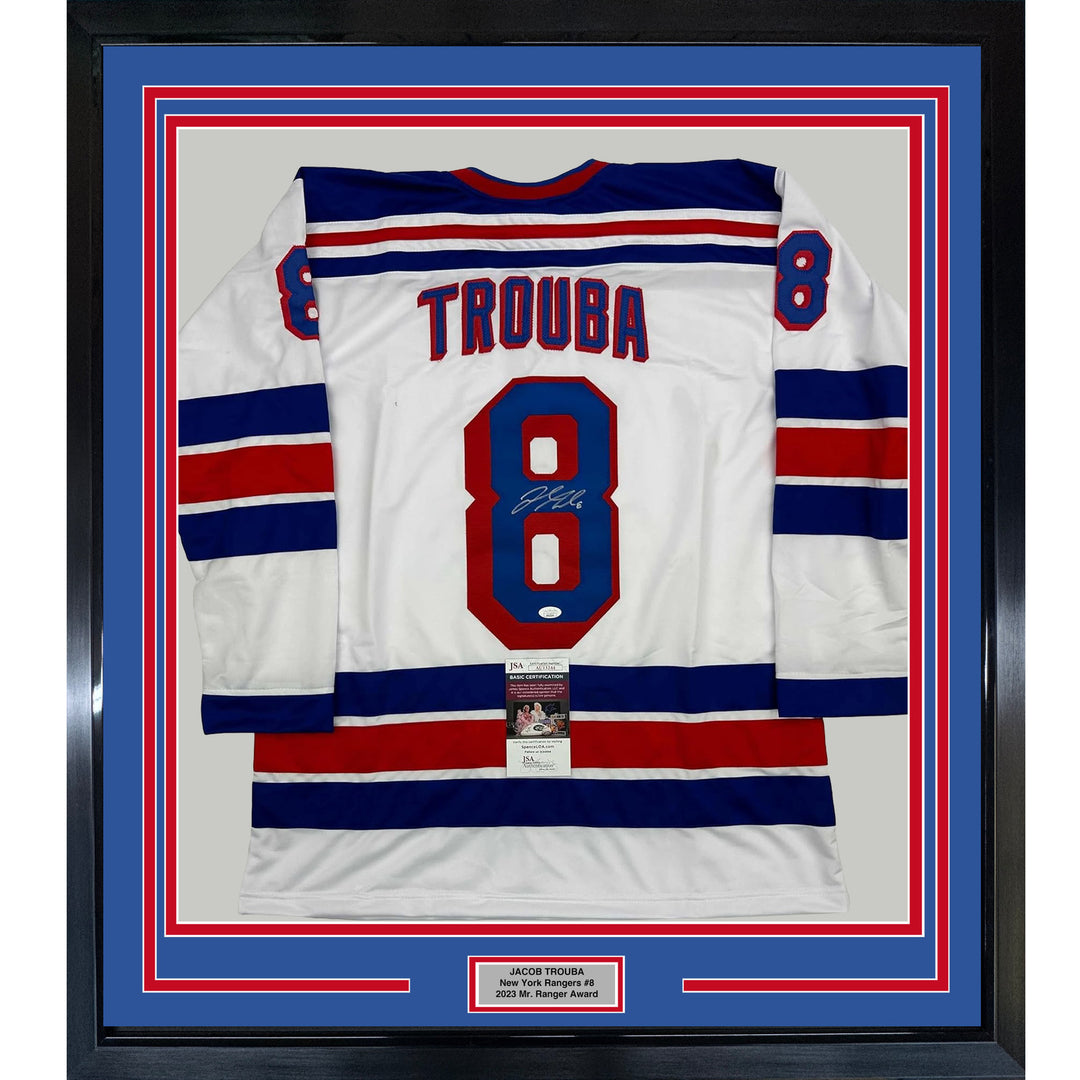 Framed Autographed/Signed Jacob Trouba 35x39 New York White Jersey JSA COA