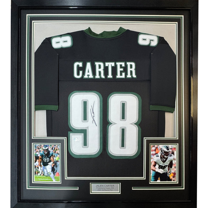 Framed Autographed/Signed Jalen Carter 35x39 Black Jersey Beckett BAS COA