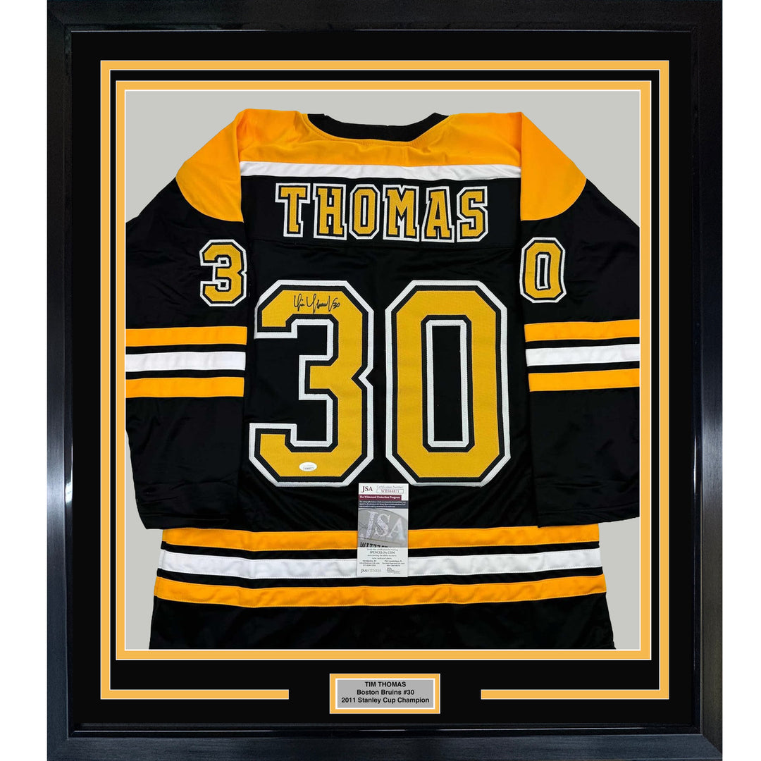 Framed Autographed/Signed Tim Thomas 35x39 Boston Black Hockey Jersey JSA COA