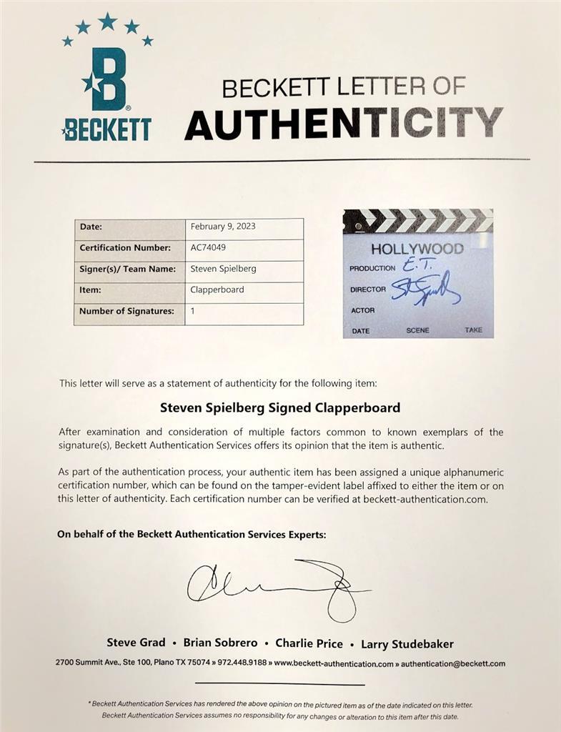 Steven Spielberg signed "E.T." Director Clapboard autograph RARE Beckett BAS LOA