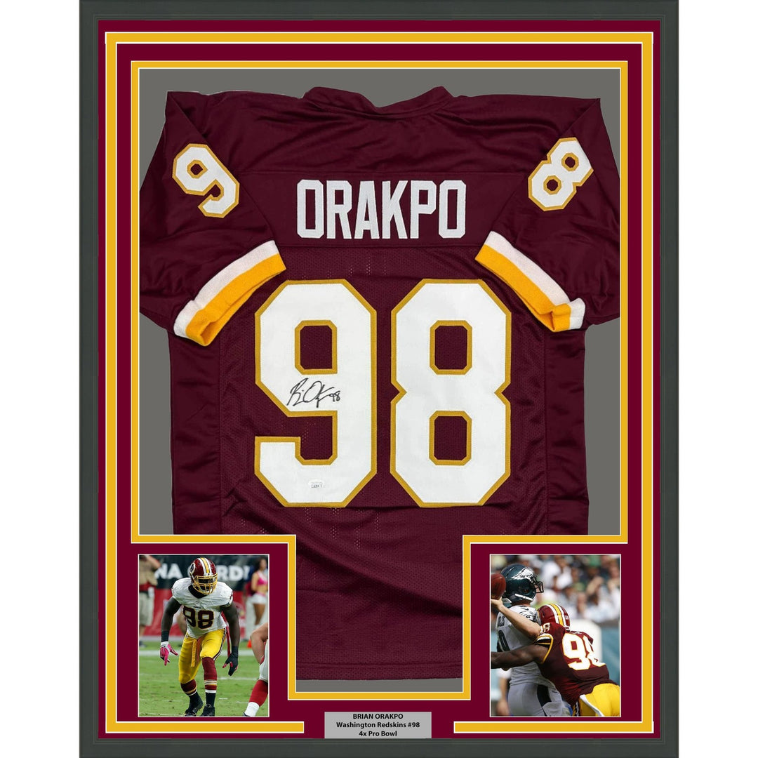 Framed Signed Brian Orakpo 35x39 Washington Burgundy Jersey JSA COA