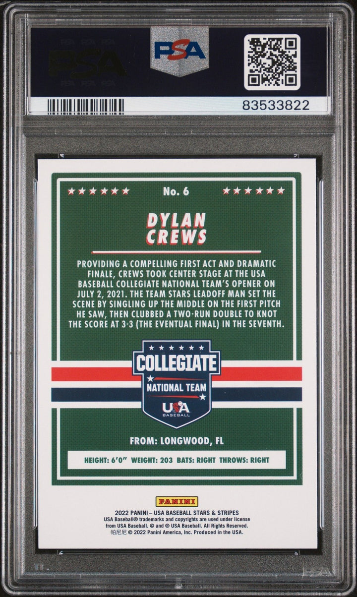 Graded 2021 Stars & Stripes USA Dylan Crews #6 Longevity Base Card PSA 10