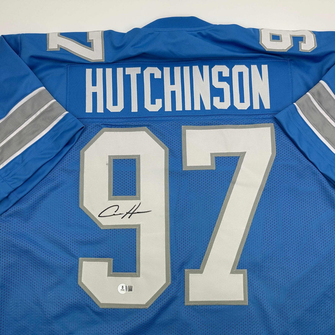 Autographed/Signed Aidan Hutchinson Detroit Blue Current Jersey Beckett COA