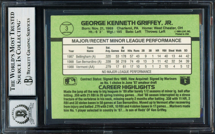 Ken Griffey Jr. Signed 1989 Donruss The Rookies RC 3 Mariners Auto GM 10 Beckett