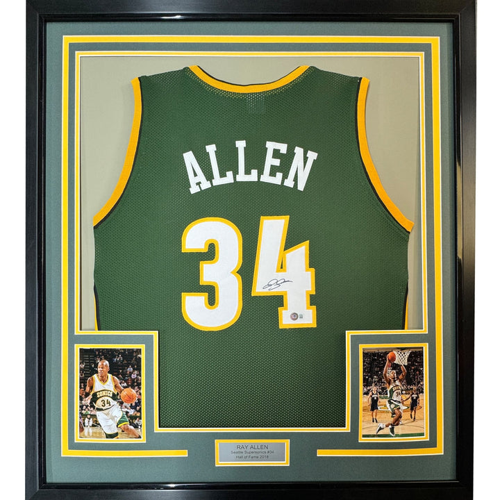 Framed Autographed/Signed Ray Allen 33x42 Seattle Green Jersey Beckett COA