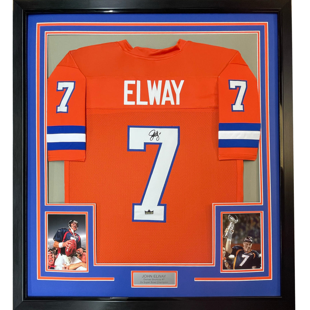 Framed Facsimile Autographed John Elway 33x42 Orange Retro Reprint Laser Jersey
