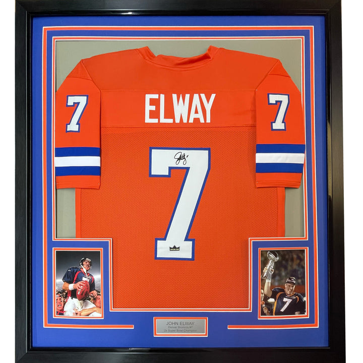 Framed Facsimile Autographed John Elway 33x42 Orange Retro Reprint Laser Jersey