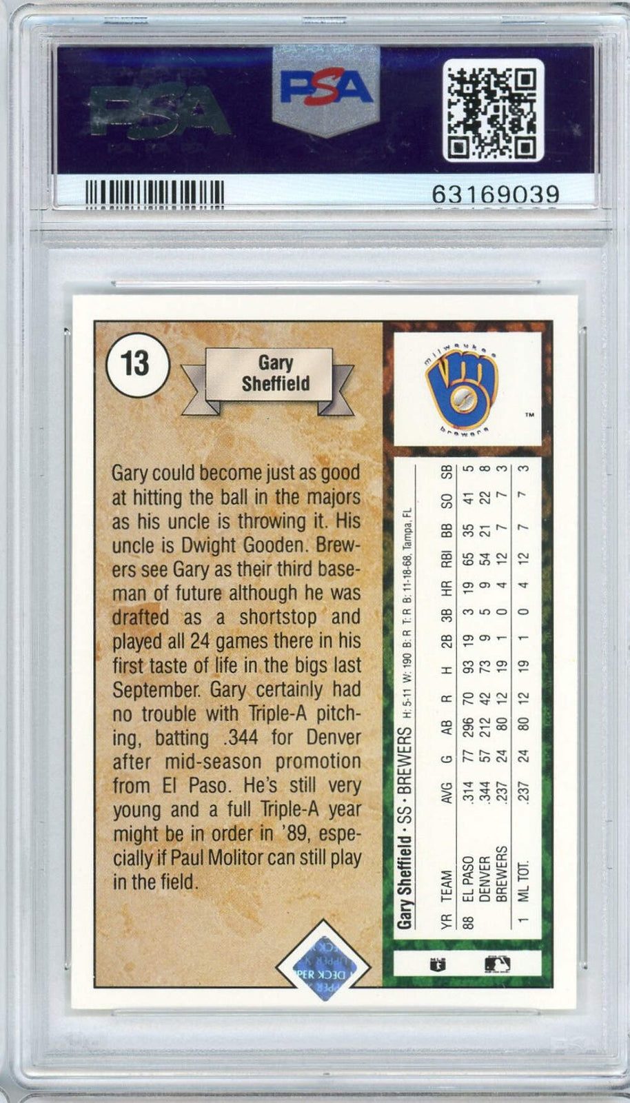 Graded 1989 Upper Deck Star Rookie Gary Sheffield #13 Rookie RC Baseball Card PS