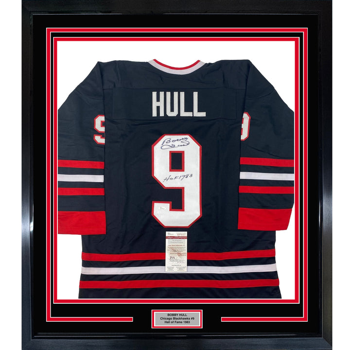 Framed Autographed/Signed Bobby Hull HOF 1983 33x42 Chicago Black Jersey JSA COA