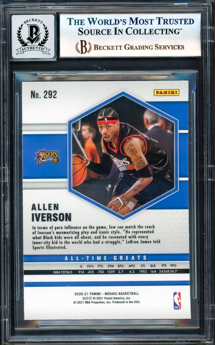 Allen Iverson Signed 2020-21 Panini Mosaic Card 292 76ers Sig 10 Beckett Wit