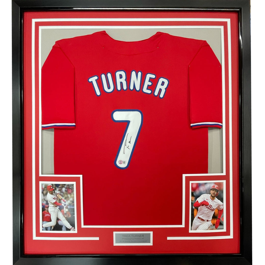Framed Autographed/Signed Trea Turner 33x42 Philadelphia Red Jersey BAS COA
