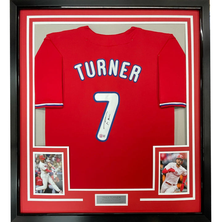 Framed Autographed/Signed Trea Turner 33x42 Philadelphia Red Jersey BAS COA