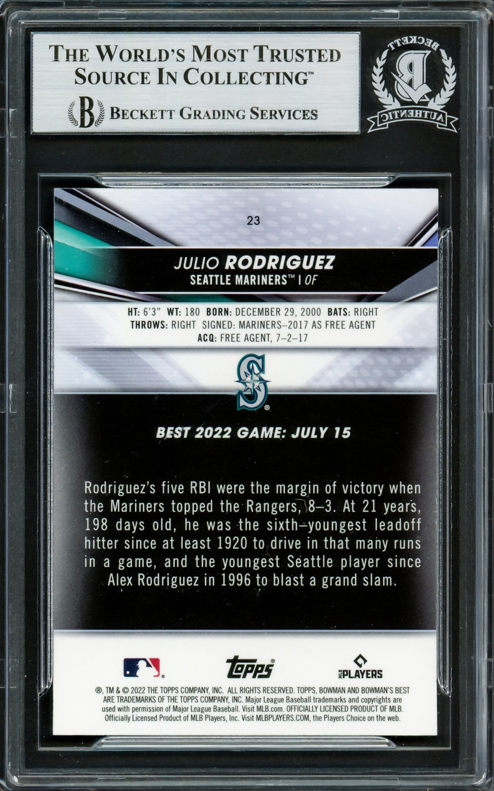 Julio Rodriguez 2022 Bowman's Best RC #23 Signed Trading Card Beckett BAS