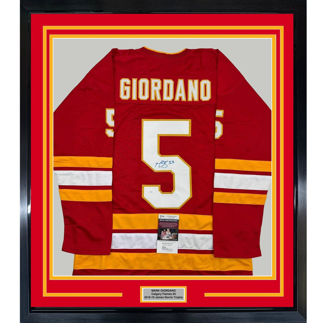 Framed Autographed/Signed Mark Giordano 35x39 Calgary Red Jersey JSA COA