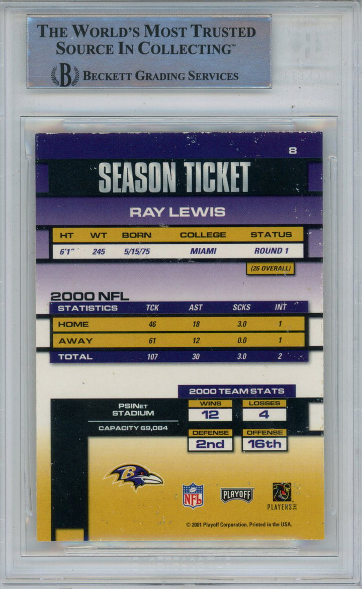 Ray Lewis Signed 2001 Playoff Contenders #8 Trading Card Beckett Slab 43375