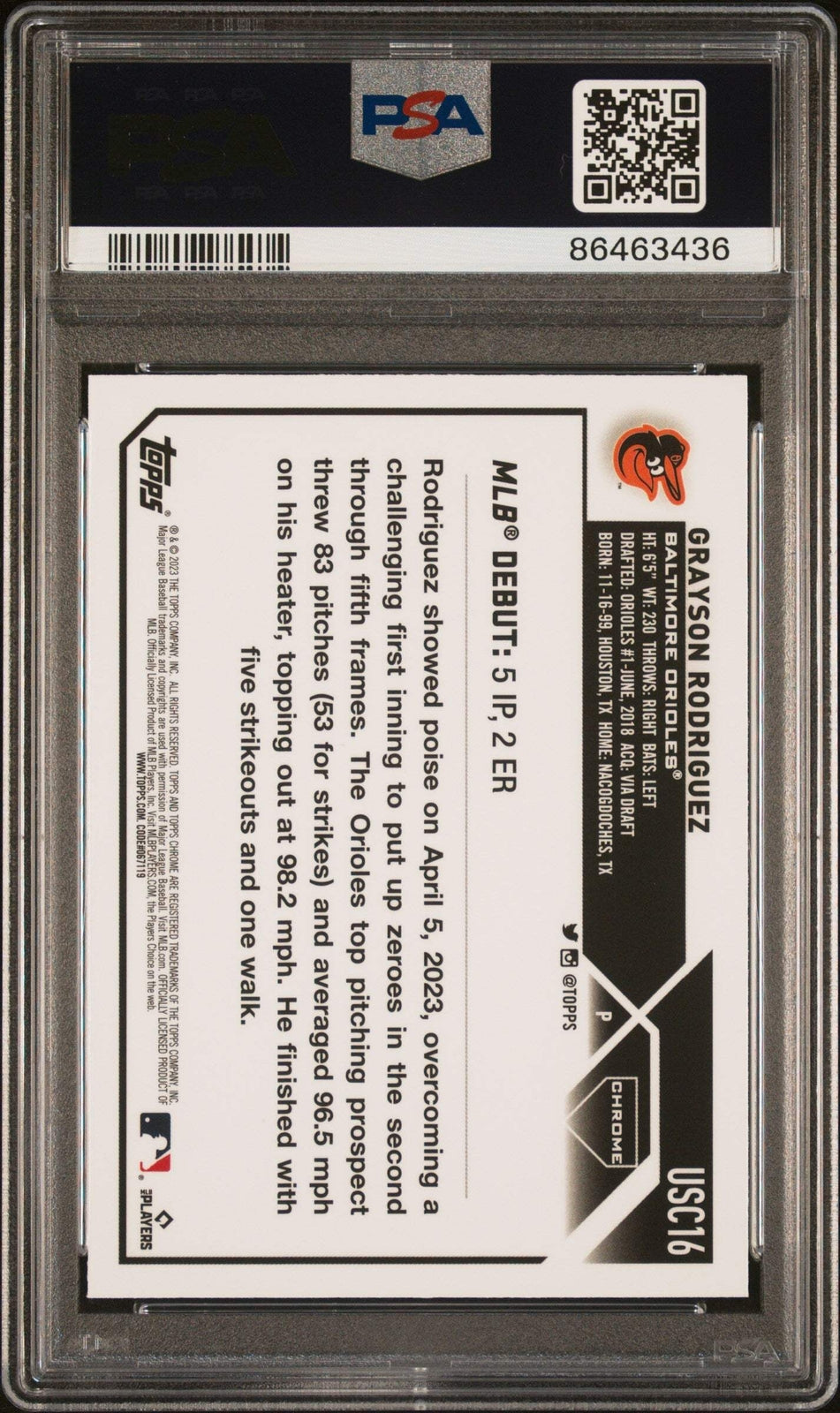 Graded 2023 Chrome Update Grayson Rodriguez #USC16 Prism RC Baseball Card PSA 10