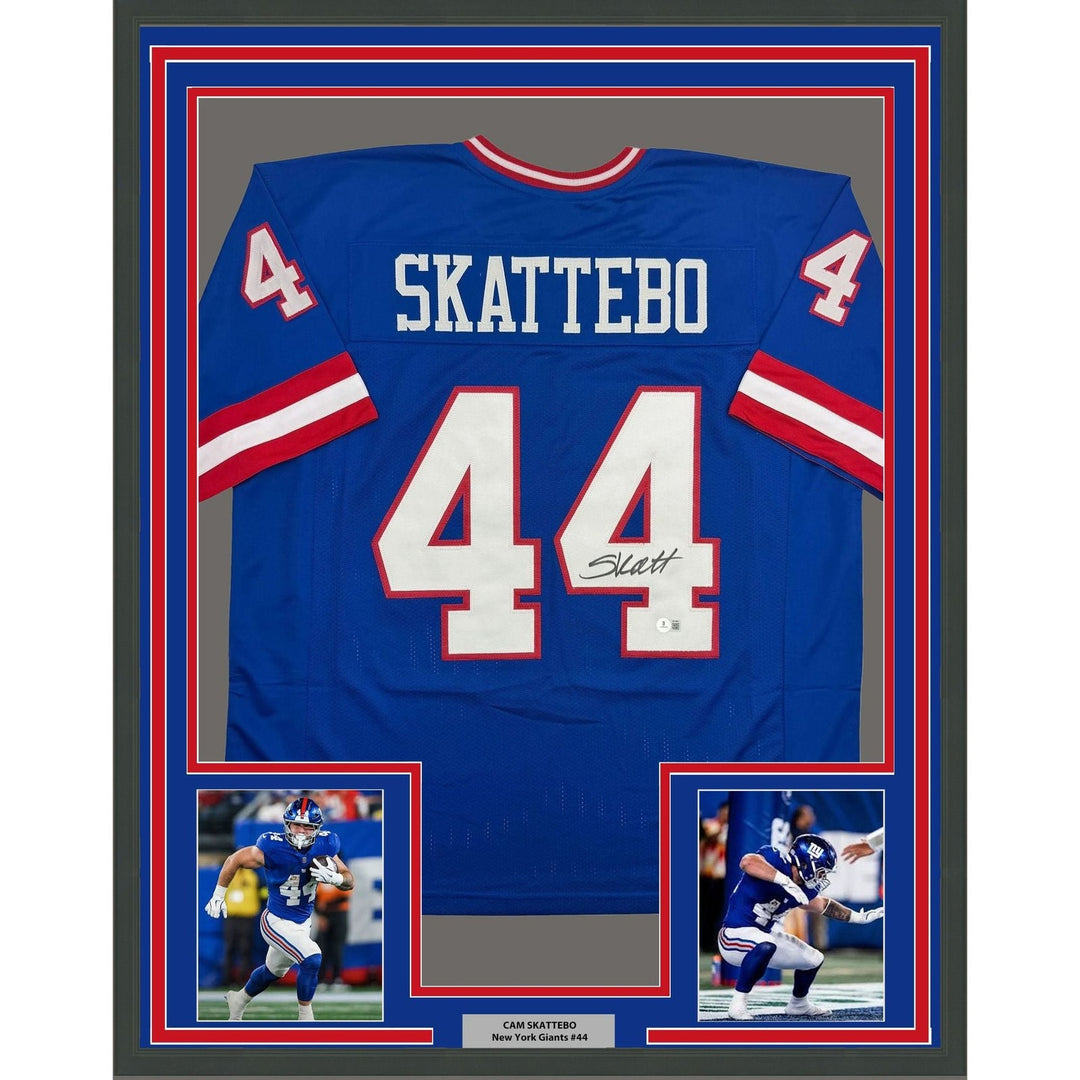 Framed Autographed/Signed Cam Skattebo 35x39 NY Blue Retro Jersey BAS COA