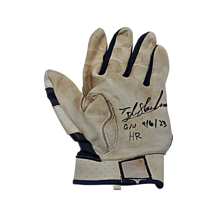 Tyler Hardman Somerset Patriots Autographed White/Navy Mizuno Left Batting Glove w/ "G/U 4/6/23 HR" Inscription (Hardman LOA / CX Auth)
