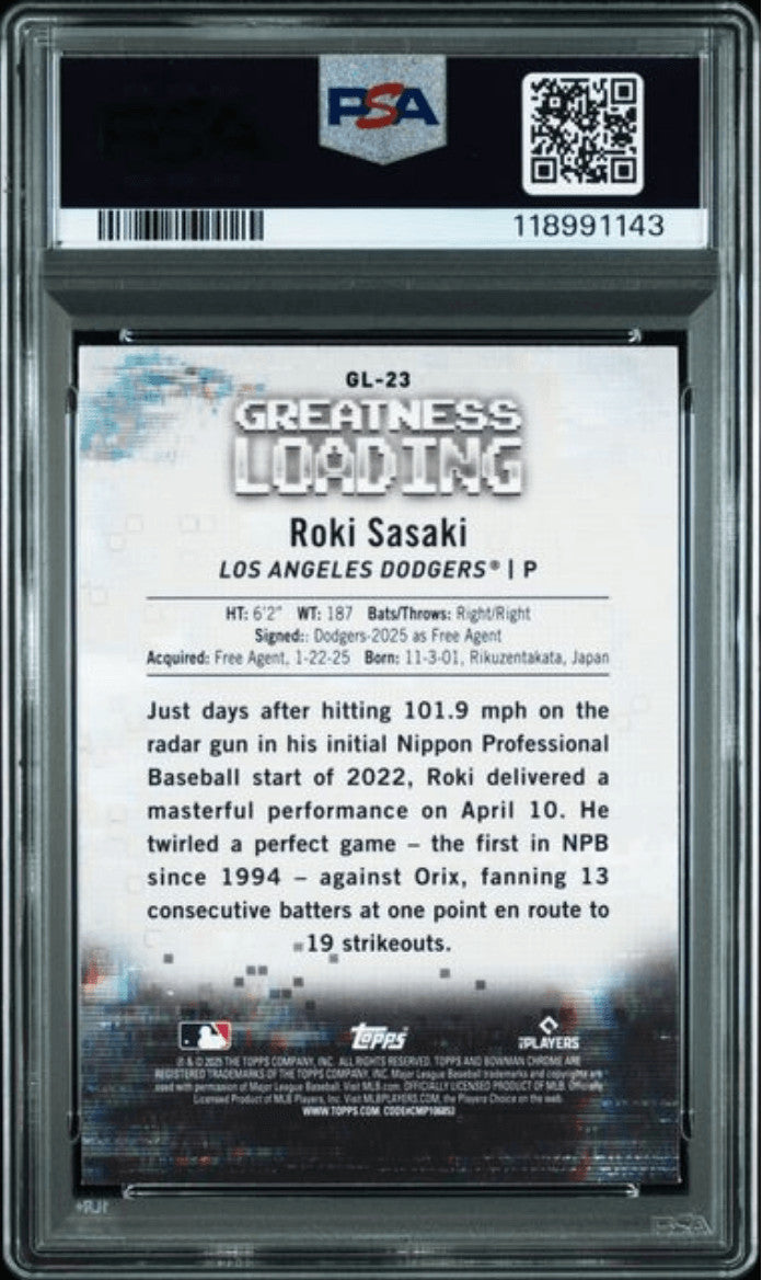 Graded 2025 Topps Bowman Roki Sasaki #GL23 Greatness Loading RC Card PSA 10