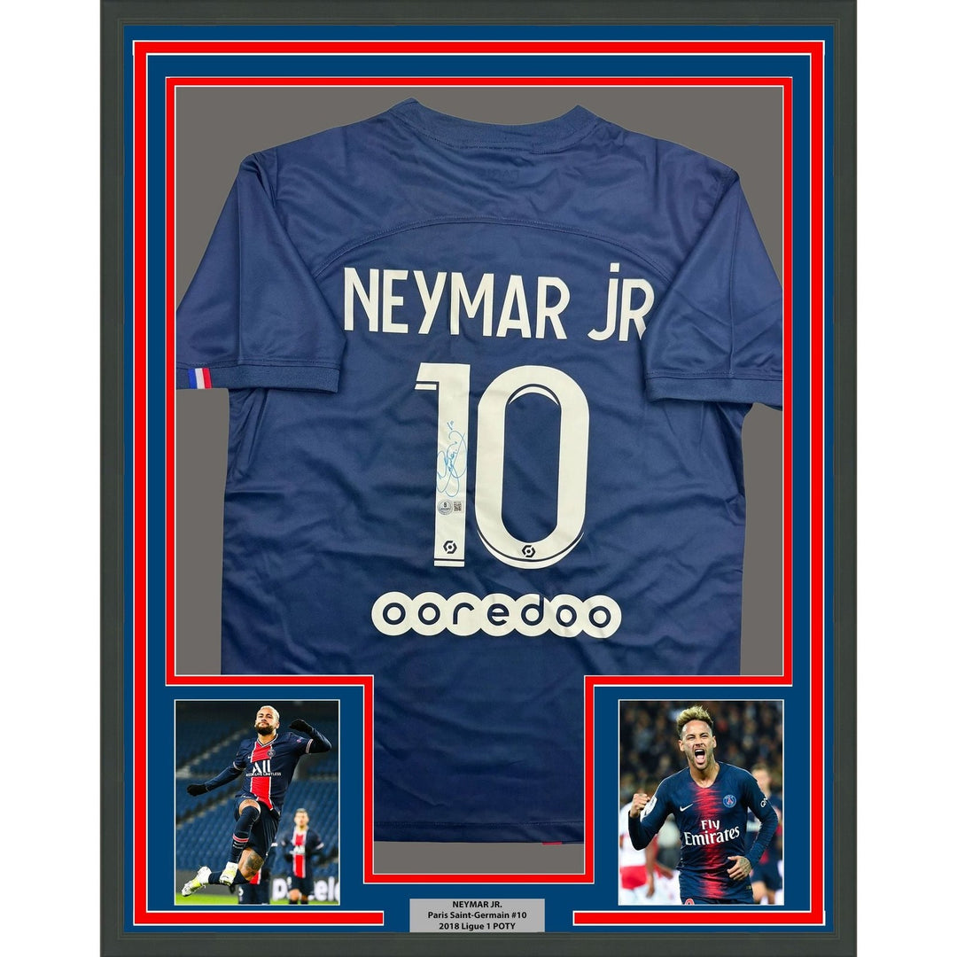 Framed Autographed/Signed Neymar Jr. 35x39 PSG Blue Jersey Beckett BAS COA