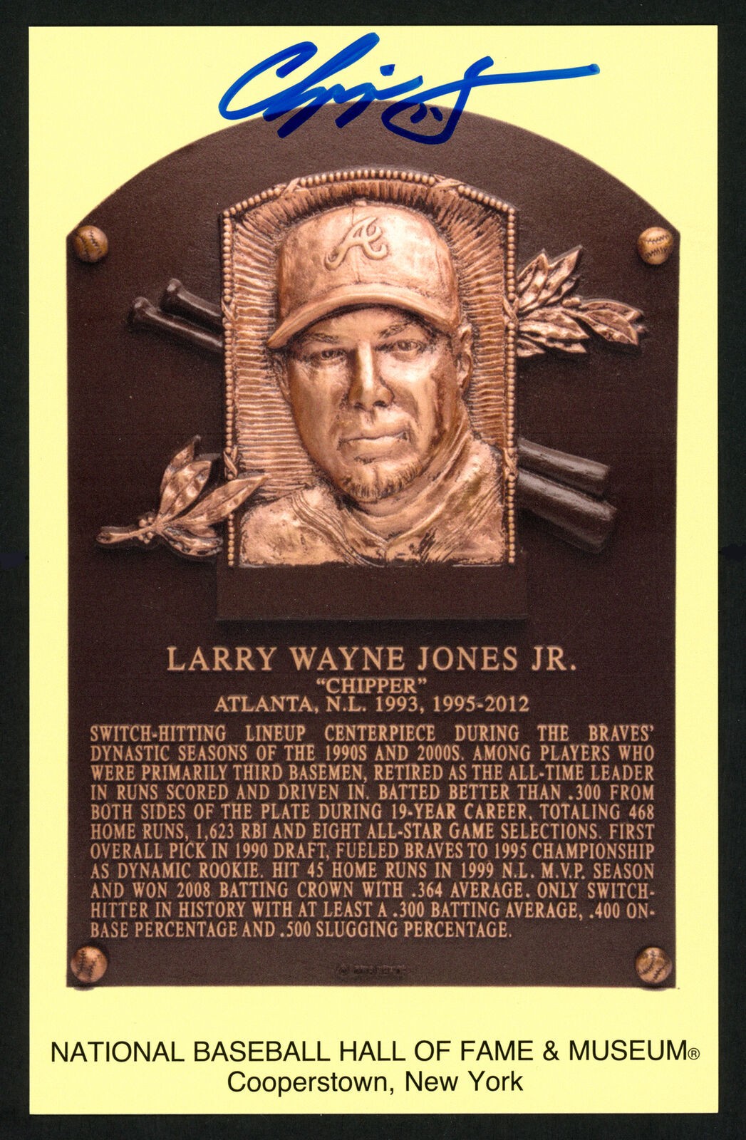 Chipper Jones Autographed Signed HOF Plaque Postcard Atlanta Braves
