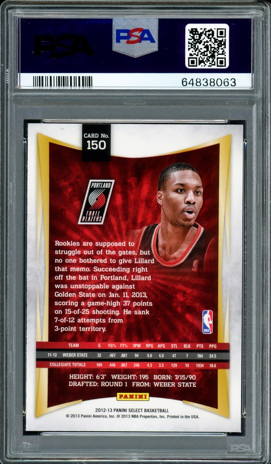 Damian Lillard Signed 2012-13 Panini Select RC 150 PSA 9 Sig 9 On Card PSA/DNA