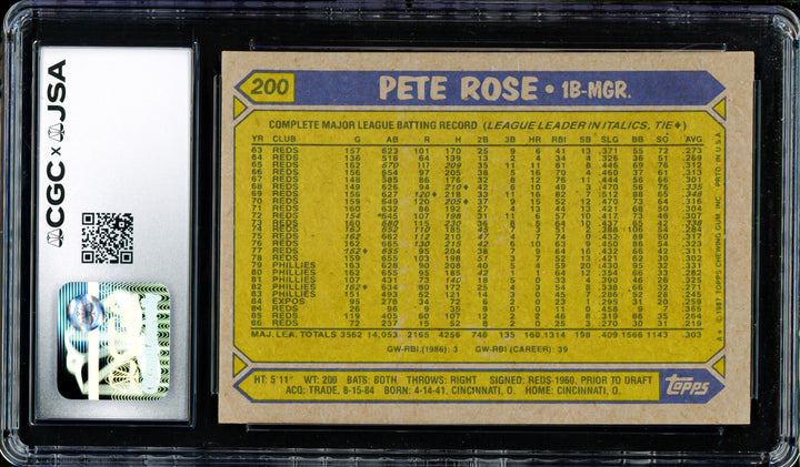 Pete Rose Signed 1987 Topps Card 200 Cincinnati Reds Auto GM 10 CGC x JSA