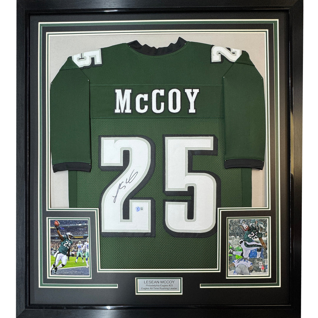 FRAMED Autographed/Signed LESEAN MCCOY 33x42 Philadelphia Green Jersey JSA COA