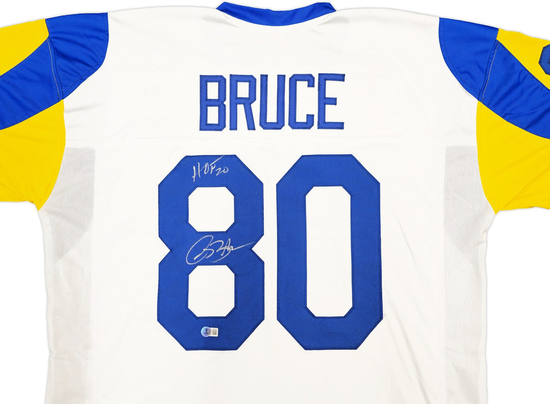 St. Louis Rams Isaac Bruce Signed White Jersey "HOF 20" Beckett Witness