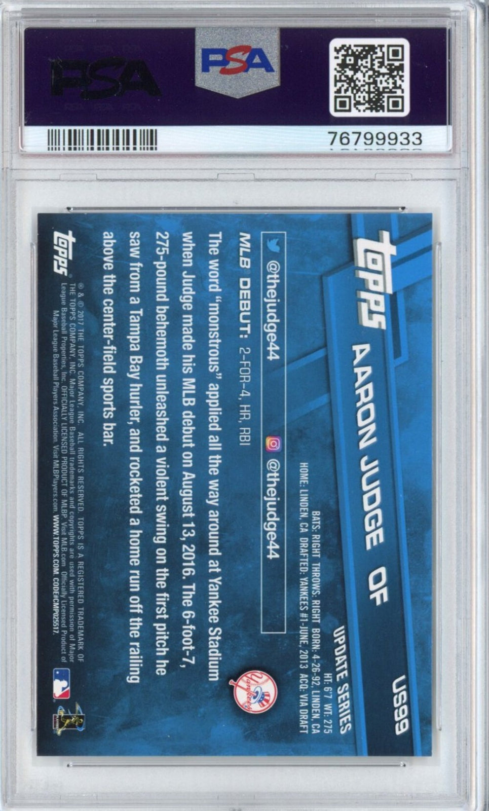 Graded 2017 Topps Update Aaron Judge #US99 Rookie Debut RC Card PSA 10 Gem Mint