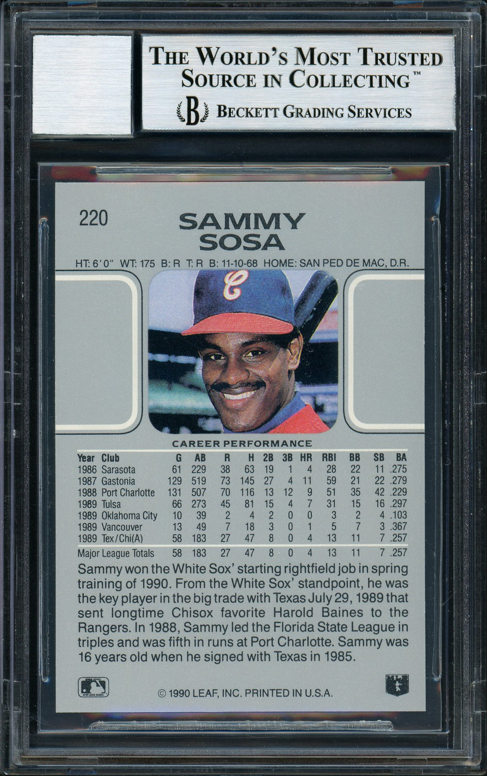 Sammy Sosa Signed 1990 Leaf RC #220 Chicago White Sox Auto Grade 10 Beckett