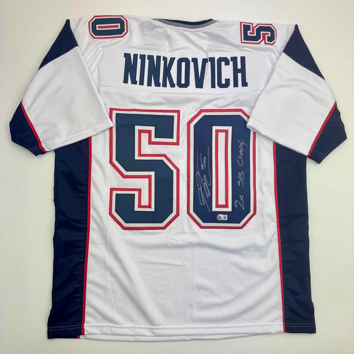 Autographed/Signed Rob Ninkovich 2x SB New England White Jersey Beckett COA