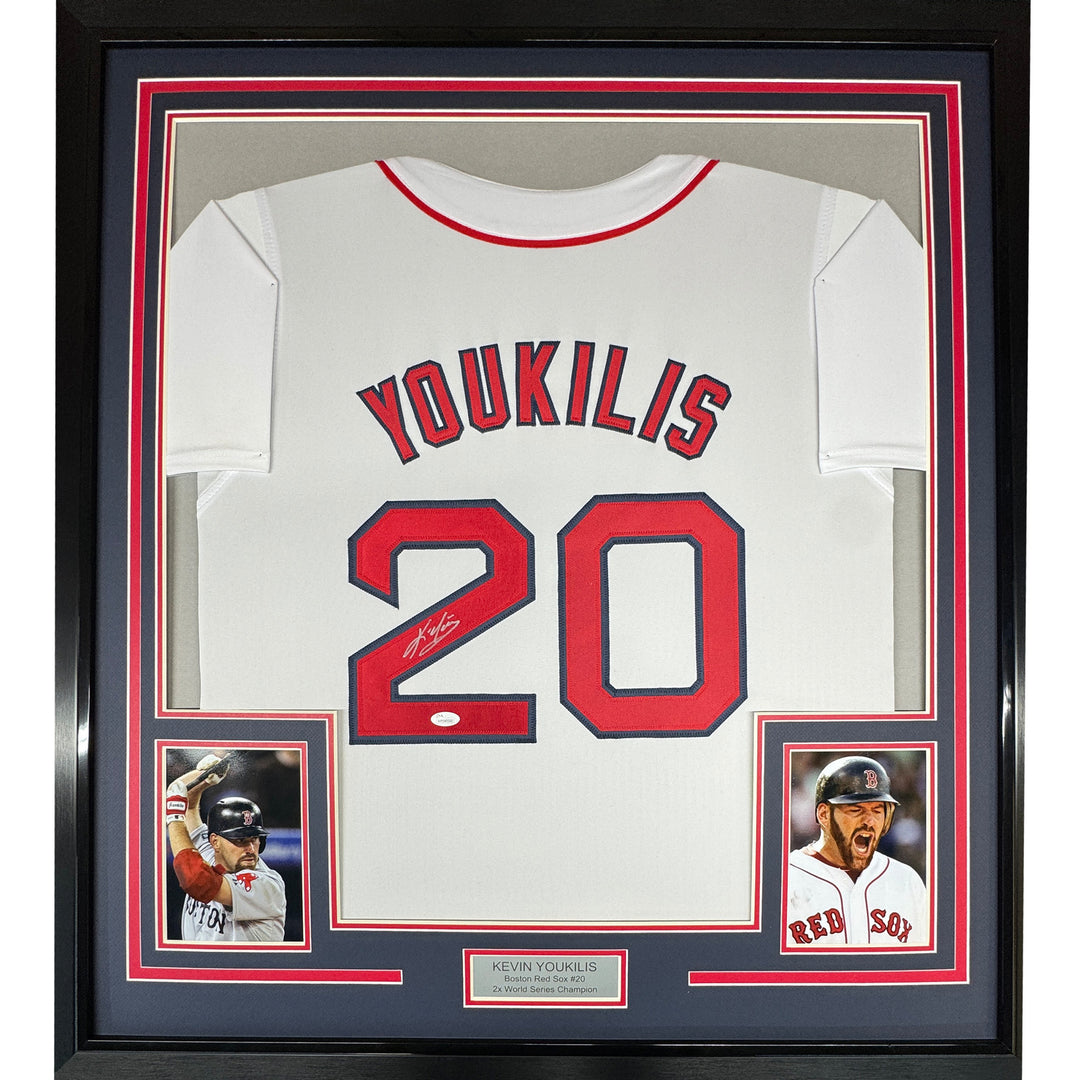 FRAMED Autographed/Signed KEVIN YOUKILIS 33x42 Boston White Jersey JSA COA Auto