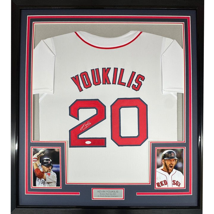 FRAMED Autographed/Signed KEVIN YOUKILIS 33x42 Boston White Jersey JSA COA Auto