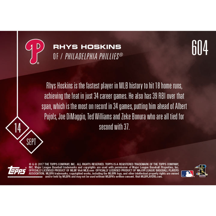 2017 RHYS HOSKINS MLB FASTEST TO HIT 10 CAREER HR TOPPS NOW CARD 604 & TOPLOADER