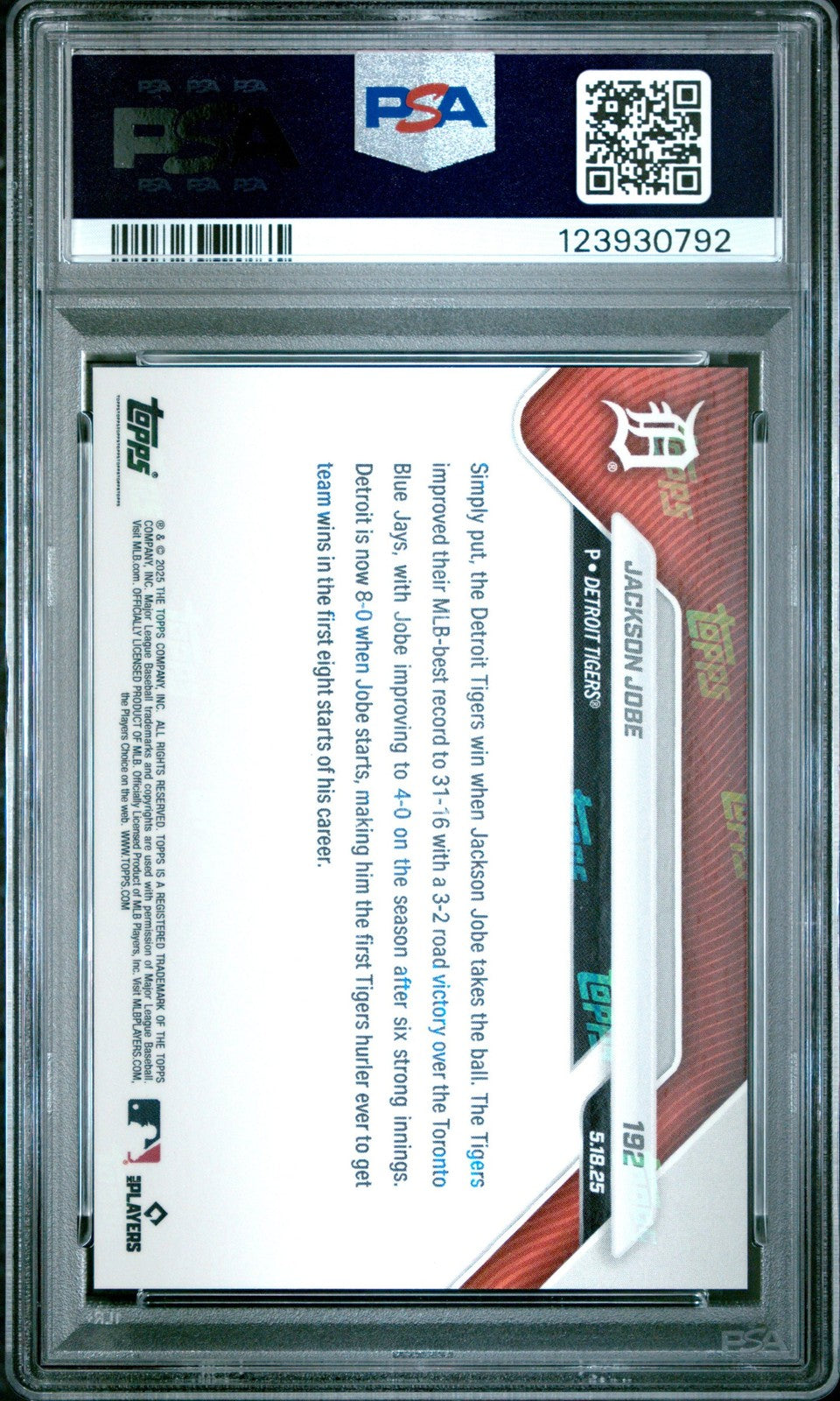 Graded 2025 Topps Now Jackson Jobe #192 Rookie RC Card PSA 10 Gem Mint