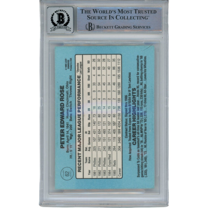 Pete Rose Autographed/Signed 1986 Donruss 62 10 Auto Trading Card Beckett 47116