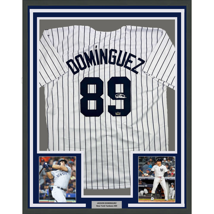 Framed Facsimile Autographed Jasson Dominguez 35x39 New York Reprint Jersey