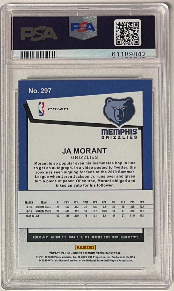 Ja Morant 2019-20 Panini Premium Stock Purple Disco Rookie Card- PSA Graded 9 MT