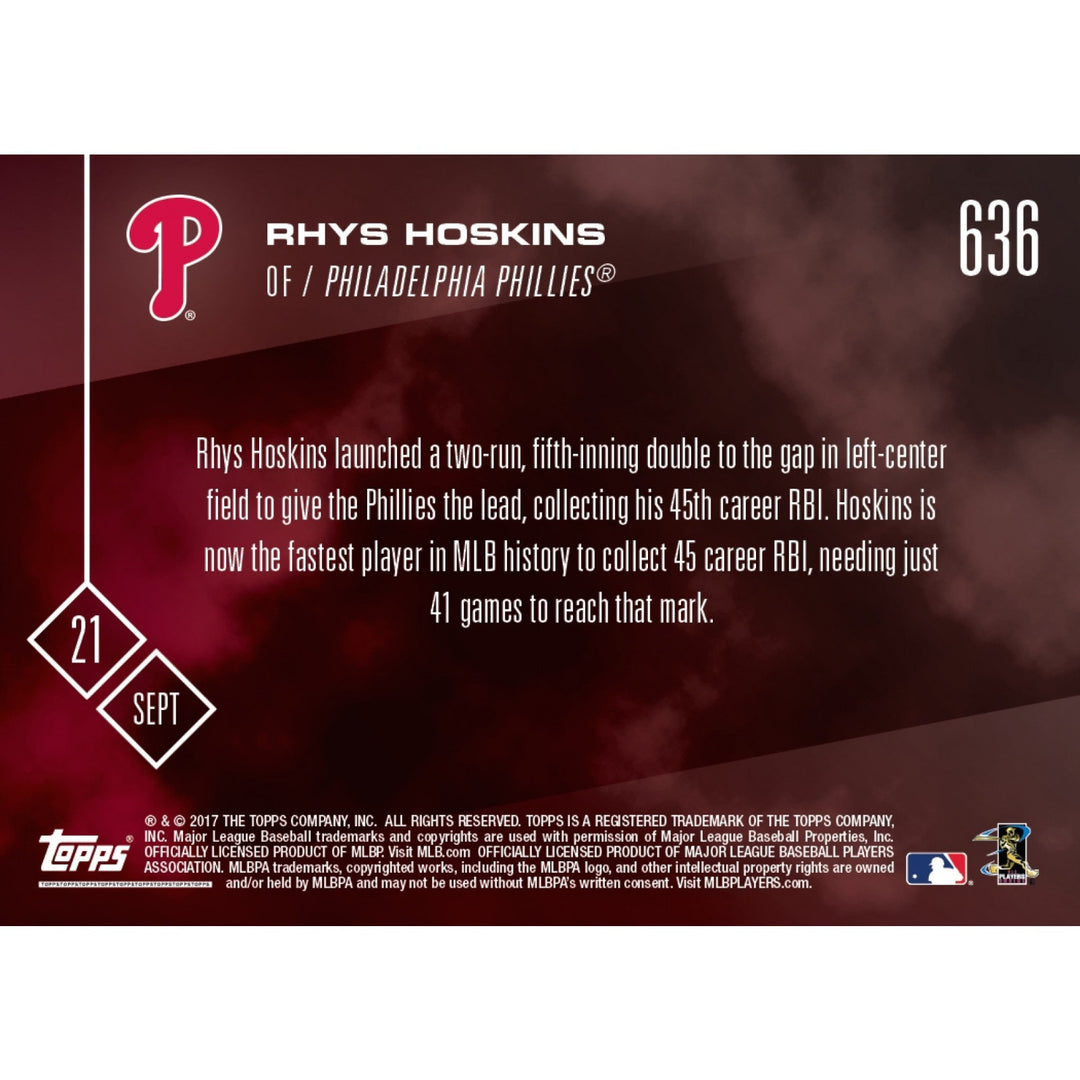 2017 RHYS HOSKINS MLB FASTEST TO REACH 45 RBI's TOPPS NOW CARD #636 & TOPLOADER