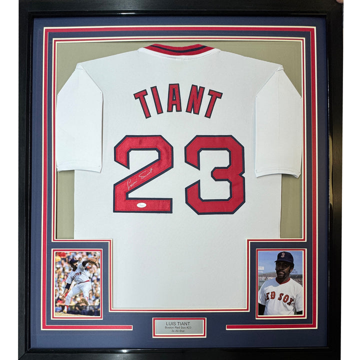 Framed Autographed/Signed Luis Tiant 33x42 Boston Red Sox White Jersey JSA COA