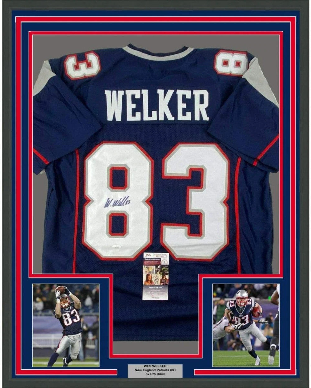 FRAMED Autographed/Signed WES WELKER 33x42 New England Blue Jersey JSA COA Auto