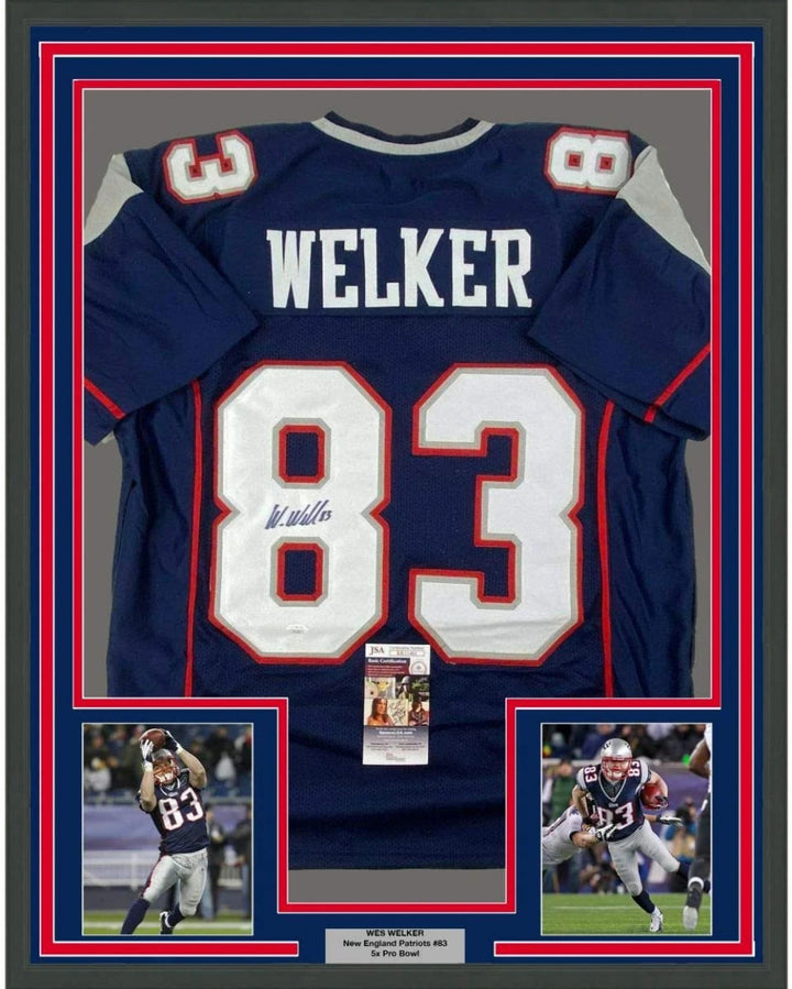 FRAMED Autographed/Signed WES WELKER 33x42 New England Blue Jersey JSA COA Auto