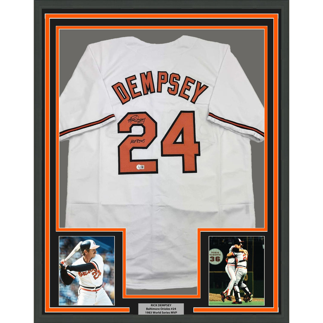 Framed Autographed/Signed Rick Dempsey "MVP 83 WS" 35x39 White Jersey COA