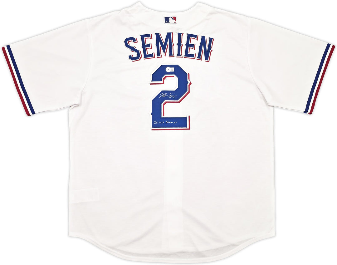 Rangers Marcus Semien Auto White Nike Jersey Size XL "23 WS Champs" Beckett Wit