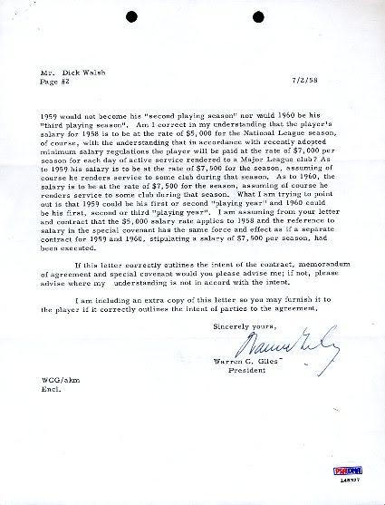 Warren Giles Signed Psa/dna 1958 Letter Autograph