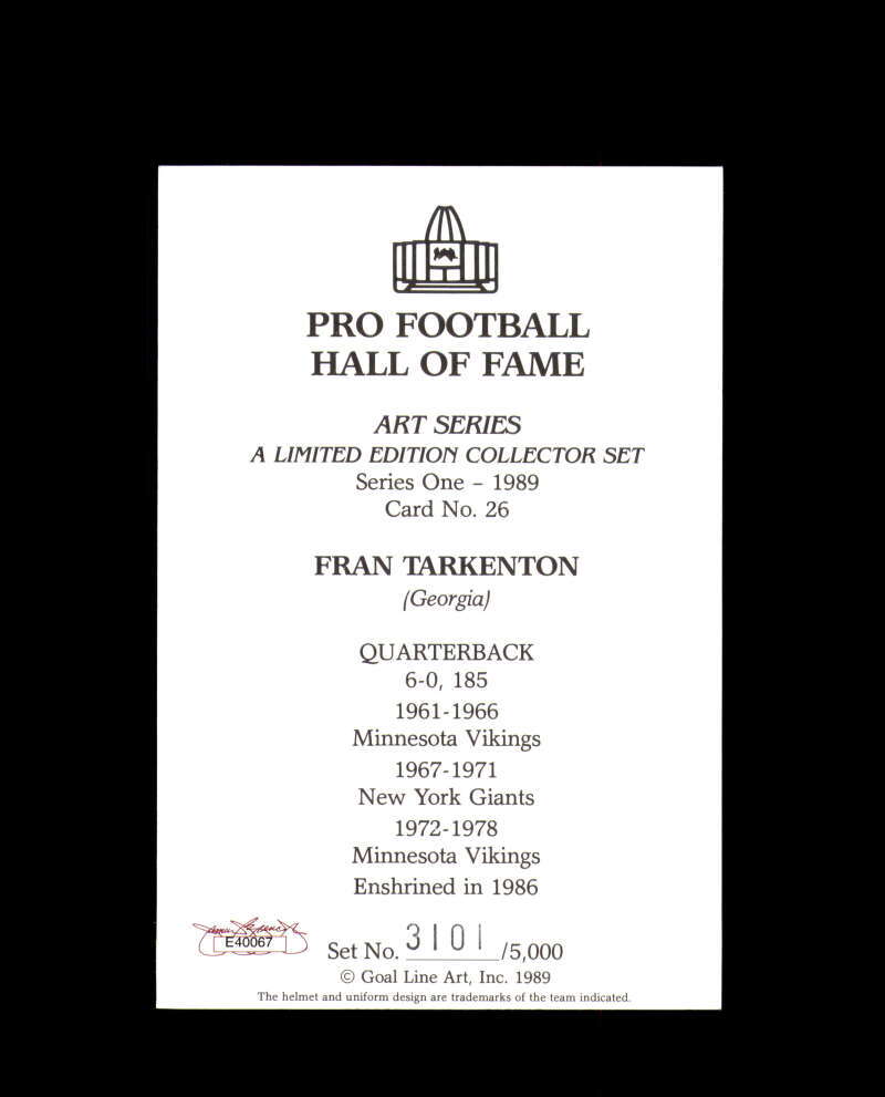 Fran Tarkenton JSA Coa Signed Goal Line Art Card GLAC Autograph