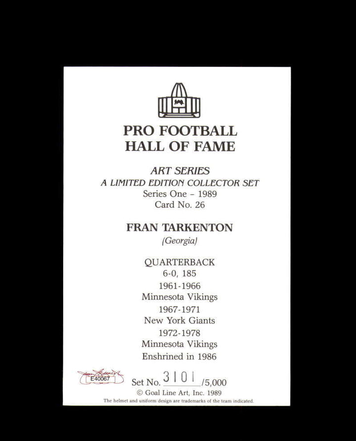 Fran Tarkenton JSA Coa Signed Goal Line Art Card GLAC Autograph