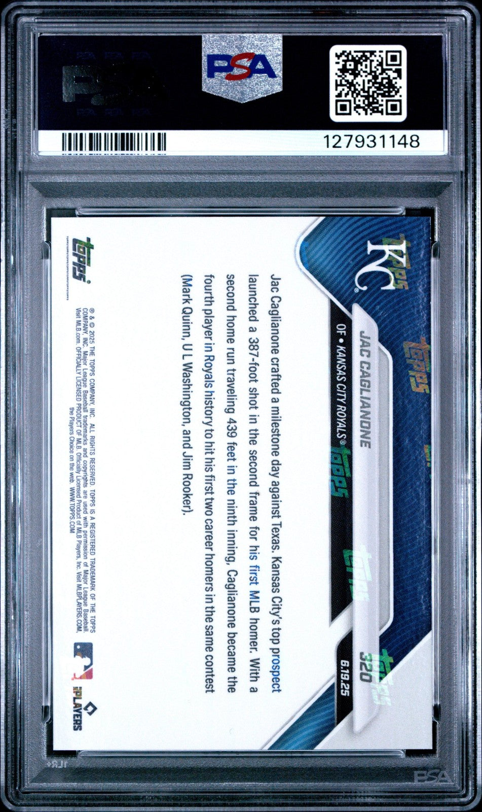 Graded 2025 Topps Now Jac Caglianone #320 Rookie RC Card PSA 10 Mint